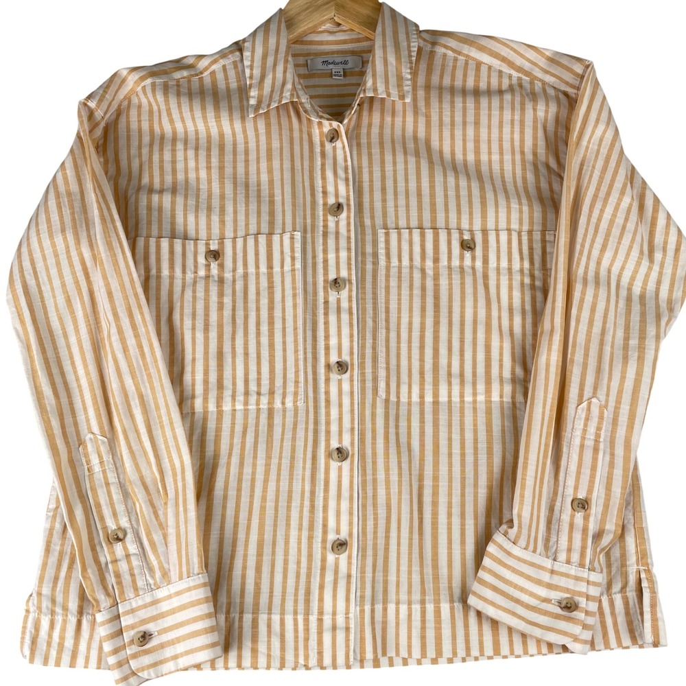 Madewell Womens XXS Yellow White Striped Cotton Button Down Shirt Long Sleeve